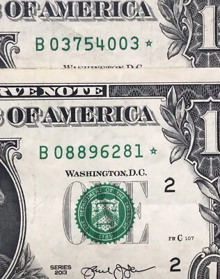 $1 Series 2013 B Duplicate Star Note Error One Dollar Bill currency’s star  note - Image 1 of 3