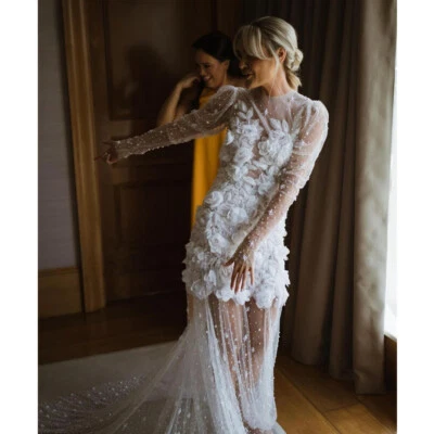 Vestido de noiva sexy 3D flor manga longa luxo feito à mão flor branco tule - Imagem 1 de 4