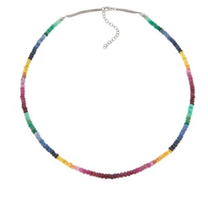 Genuine Sapphire, Ruby, Emerald Gems 925 Sterling Silver Beaded Necklace, 20in - Picture 1 of 7