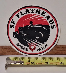 Calcomanía adhesiva vintage de 4" Ford Roadster SF cabezales planos piezas de velocidad V8 como nueva/nueva de lote - Imagen 1 de 4