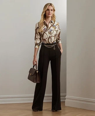 Lauren Ralph Lauren Women's Chain-Trim Pleated Jersey Wide-Leg Pants 8P  10P - Image 1 of 3