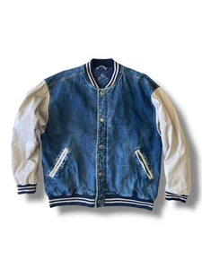 Vintage 90s Basic Editions Denim Khaki Bomber Varsity Jacket Size Large Grunge - Picture 1 of 24