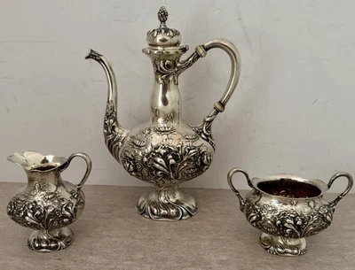 UNGER BROS STERLING 3 PEÇAS ART NOUVEAU FIGURA LÍRIO D'ÁGUA E ÍRIS CONJUNTO DEMITASSE - Imagem 1 de 4