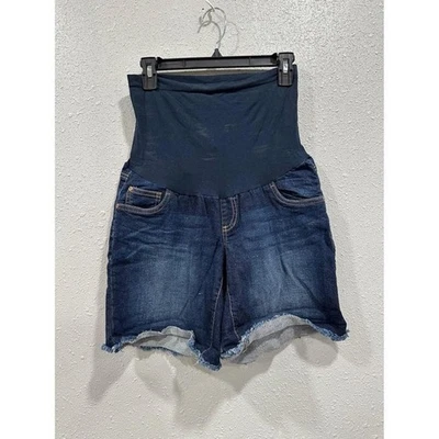 Indigo Blue Maternity Jean Shorts Medium Over Belly Frayed Hem Denim Blue - Image 1 of 4