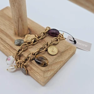 Chico’s GOLD CHARMY Bracelet w/ Etched Cable Links, Beads & Matte Charms 7–8" - Picture 1 of 8