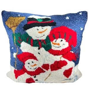 Pier 1 Christmas Pillow Snowman Trio Snowflakes Hooked Winter Holiday 15x15 READ - Picture 1 of 8