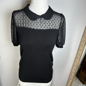 Adrianna Papell Women’s Black Swiss Dot Peter Pan Collar Knit Blouse Size Small - Picture 1 of 12