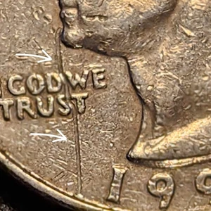 1995P WASHINGTON QUARTER (STRUCK THRU WIRE ON OBVERSE, WOUNDED EAGLE ON REVERSE) - Picture 1 of 8