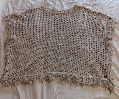 Roxy Perfect Fringe Boho bohemian beachy Lagenlook Oatmeal Poncho Knit Sweater - Image 1 of 4