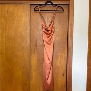 Orange Satin Slip Dress Midi Sleeveless Drape Front Strappy Lace up Back Zip - Picture 1 of 8