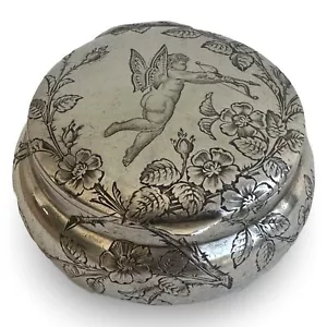 Antique French Sterling Silver Hinged Ring or Pill Box Cupid Putti - Picture 1 of 12