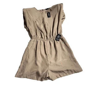EXPRESS Big Padded Shoulders Satin Romper Taupe Elastic Waist Size S Small NWT - Picture 1 of 11