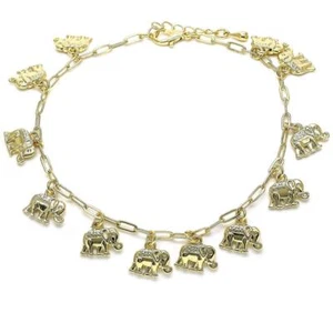 14K GOLD PLATED 10'+1" ANKLET W/12 ELEPHANTS DANGLING FROM PAPER CLIP LINK LM469 - Picture 1 of 1