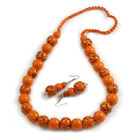 Chunky Wood Bead Cord Necklace and Earring Set with Animal Print in Orange/