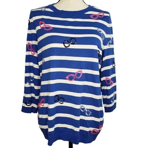 Talbots Pullover Sweater Blue White Stripe Size X Sequin Eyeglasses 46" Bust - Picture 1 of 6