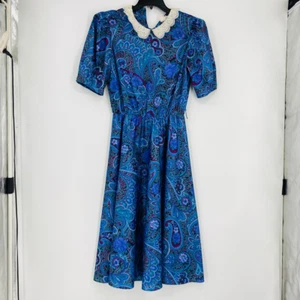 Vintage Womens M.L.S. Ltd A Line Dress Multicolor Peter Pan Collar Lace Puff 12 - Picture 1 of 6