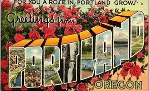 Vintage Postkarte Leinen großer Brief Grüße Eine Rose in Portland wächst ODER - Bild 1 von 3