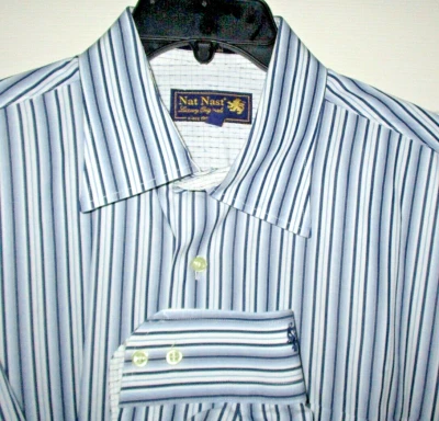 16 34 35 NAT NAST LUXURY ORIGINALS ITALIAN 2 FOLD BLUE PIN STRIPE DRESS SHIRT - Image 1 of 4