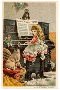 Victorian Trade Card MASON & HAMLIN Organs Pianos Girl Dog Cat Donaldson 1887 - Picture 1 of 2
