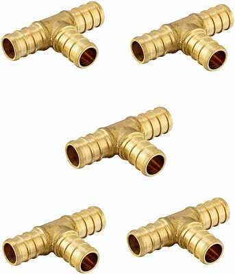 5 PCS EFIELD PEX 1"x1"x1" Tee Brass Barb Crimp Fittings, Lead Free, NSF/ANSI 61