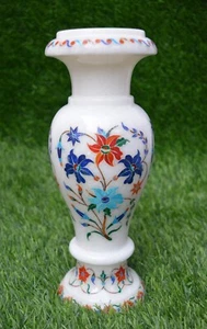 Florero de mármol, incrustación de piedras preciosas trabajo artesanal, florero de sala de estar decoración del hogar - Imagen 1 de 8