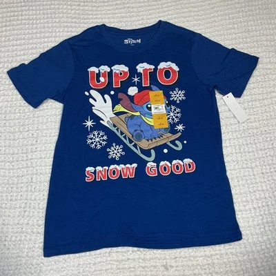 Disney Stitch Up to Snow Good shirt Boys L 10-12 Blue Short Sleeve Winter NEW - Image 1 of 4