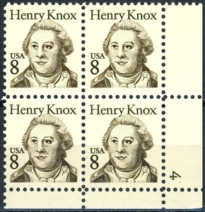 HENRY KNOX Plate Block of 4 Plate 4 MNH Scott 1851 Position May Vary that Shown - Picture 1 of 2
