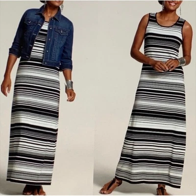 Chicos Maxi Dress Black White Stripe Sleeveless Tank Knit 3 XL 6 Long Casual - Image 1 of 4