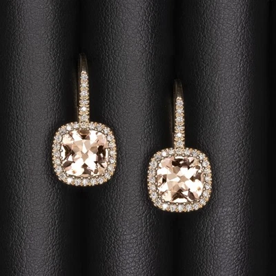 MORGANITE DIAMOND DROP EARRINGS CUSHION SHAPE 14k ROSE GOLD HALO PEACH PINK - Image 1 of 3