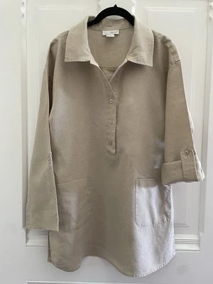 Vtg 80s 90s Spiegel Linen Tunic Shirt 10 M Beach Coastal Coverup Rolltab Pockets - Image 1 of 4