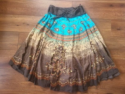 Falda midi Grace Elements Boho marrón azul talla 8 Foto 1 de 3