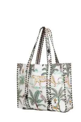 Indian White Tiger Printed Quilted Shoulder Bag Women's Beach Cotton Handbag UK - Image 1 of 4