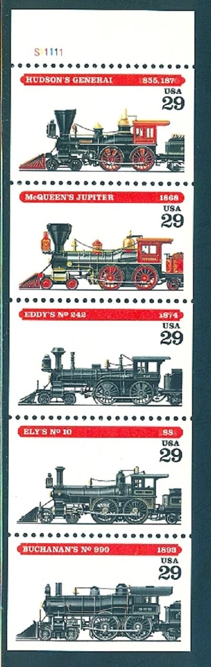 USA BOOKLET SC# 2847a LOCOMOTIVE $0.29c UNFOLDED PANE OF 5 MNH - PL# S11111 - Image 1 of 1