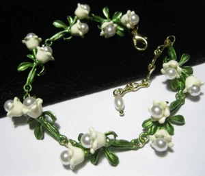 Vintage Style Art Deco Enamel Pearl Blossom Flower BRACELET Lily of the Valley - Picture 1 of 5