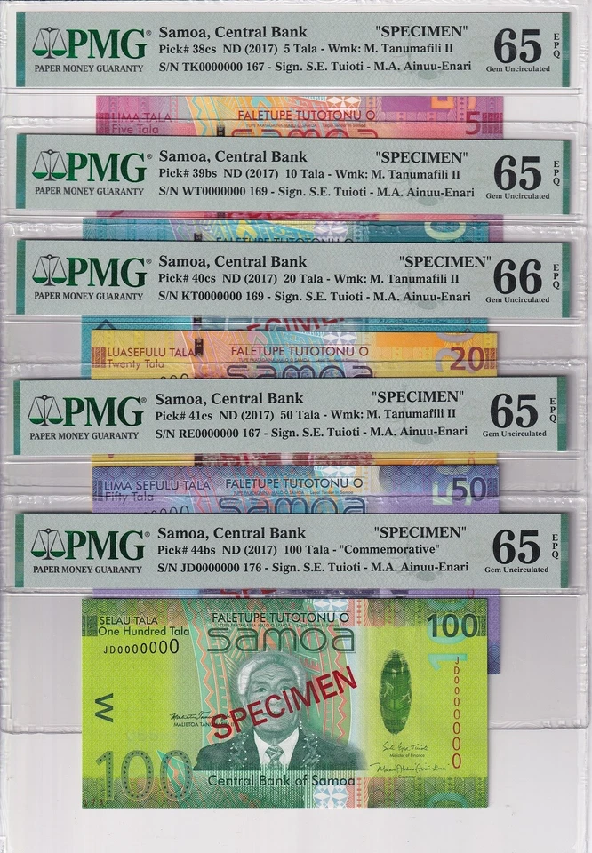 Samoa SET 5; 5 10-100 Tala ND 2017 P 38- 41 P 44 Specimen Gem UNC PMG 65 66 EPQ - Image 1 of 2