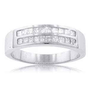 Fede Nuziale Uomo 1,00 Ct Due Fila Diamante Taglio Principessa Oro Bianco 18 kt - Foto 1 di 3