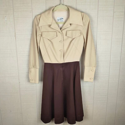 Vintage 70s Eve Le Coq Shirt Dress Mini Short Butterfly Color Beige Brown Small - Image 1 of 4