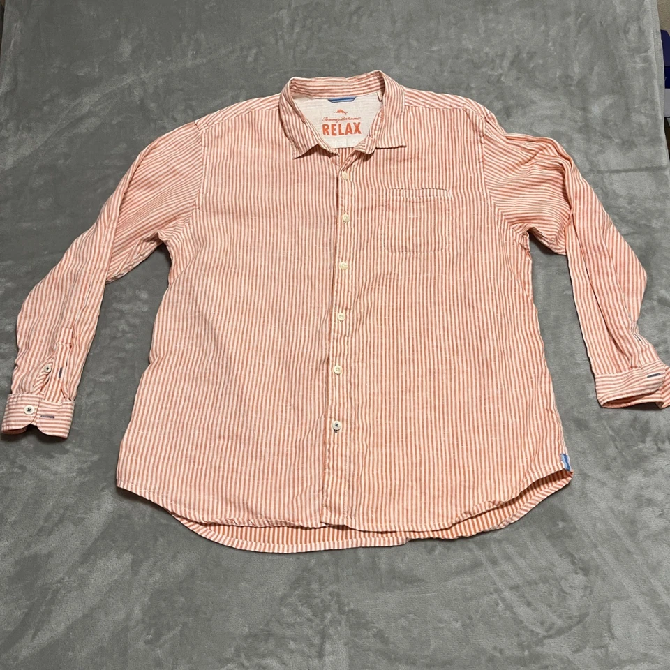 Tommy Bahama 放松亚麻混纺橙色白色条纹长袖纽扣 XXL — 第 1/4 张图片