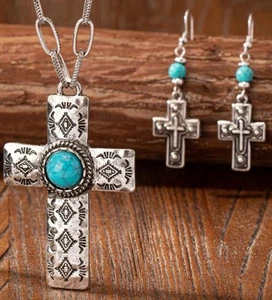 Juego de collar y pendientes Western perforados de plata y turquesa con cuentas cruzadas - Imagen 1 de 4