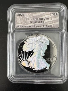 2025 ICG BU American Silver Eagle Ruthenium & Hologram Ed. 1 oz Silver 1 of 500 - Picture 1 of 2