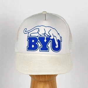 Vtg BYU Cougars White/Blue Screen Printed w/White Mesh Dbl Snapback Mohr's Hat - Picture 1 of 14