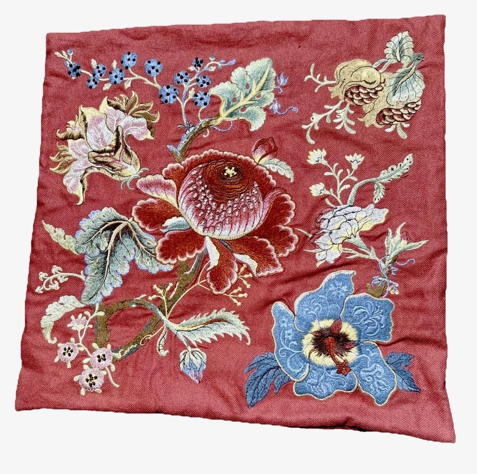 Pottery Barn Coral Floral Boho Embroidered Accent Pillow Cover 20x20” Cotton/Lin - Image 1 of 4