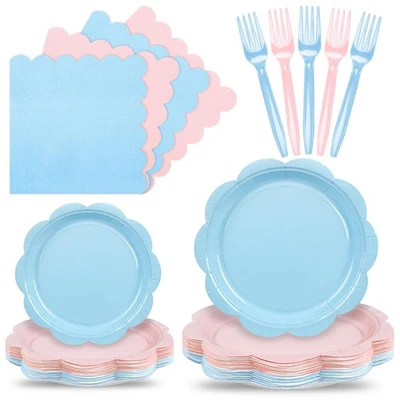 96 PCS Baby Gender Reveal Plates Napkins Set for 24 Guests Pink and Blue - Image 1 of 4