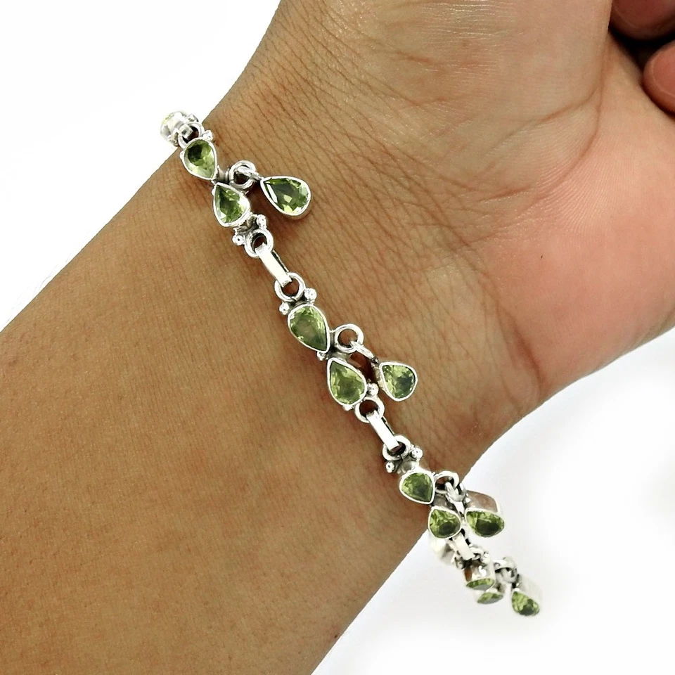 Pear Natural Peridot 925 Silver Chain Heart Chakra Anniversary Bracelet Jewelry - Image 1 of 4