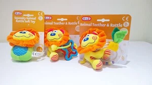 Baby Rattle & Squeak Toy Teether Set of 3 - Bear Lion Elephant NEW - Picture 1 of 6