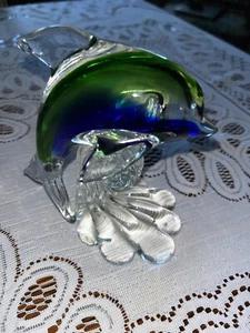 Vintage Blown Art Glass Dolphin Figurine Blue Green Wave Jump 5” Collectible - Picture 1 of 15