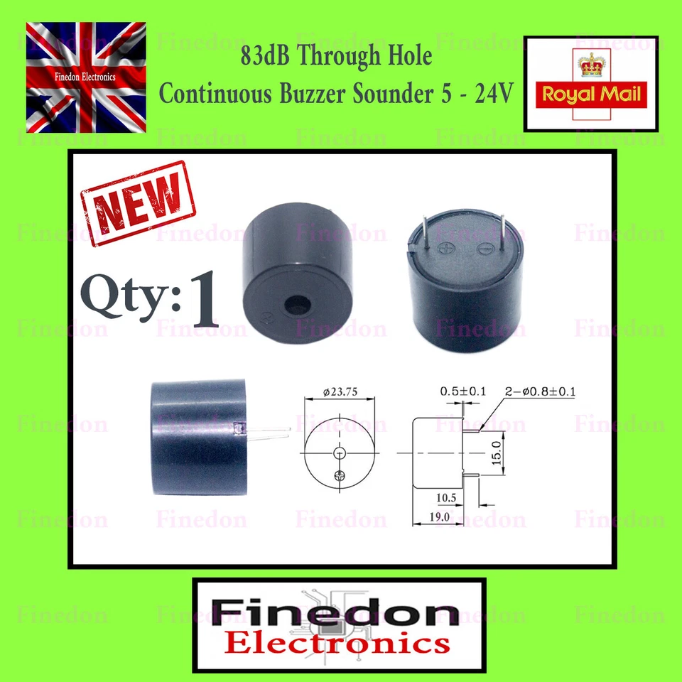 Active Buzzer 12V 19mm Long Continuous Beep Tone Alarm Ringer 83dB 5-24V UK - Image 1 of 1