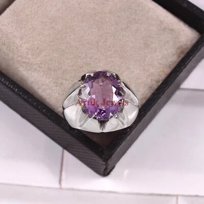 Natural Amethyst Gemstone With 14K White Gold Plated Silver Ring for Men's #5 - Image 1 of 4