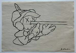 KAWS (Handmade) Drawing On old Paper Signed Mixed Media, Vtg Art - Picture 1 of 4