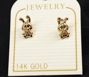 14K Solid Yellow Gold Bunny Cute Rabbit With Screw Back Earrings NEW girls women - Picture 1 of 3